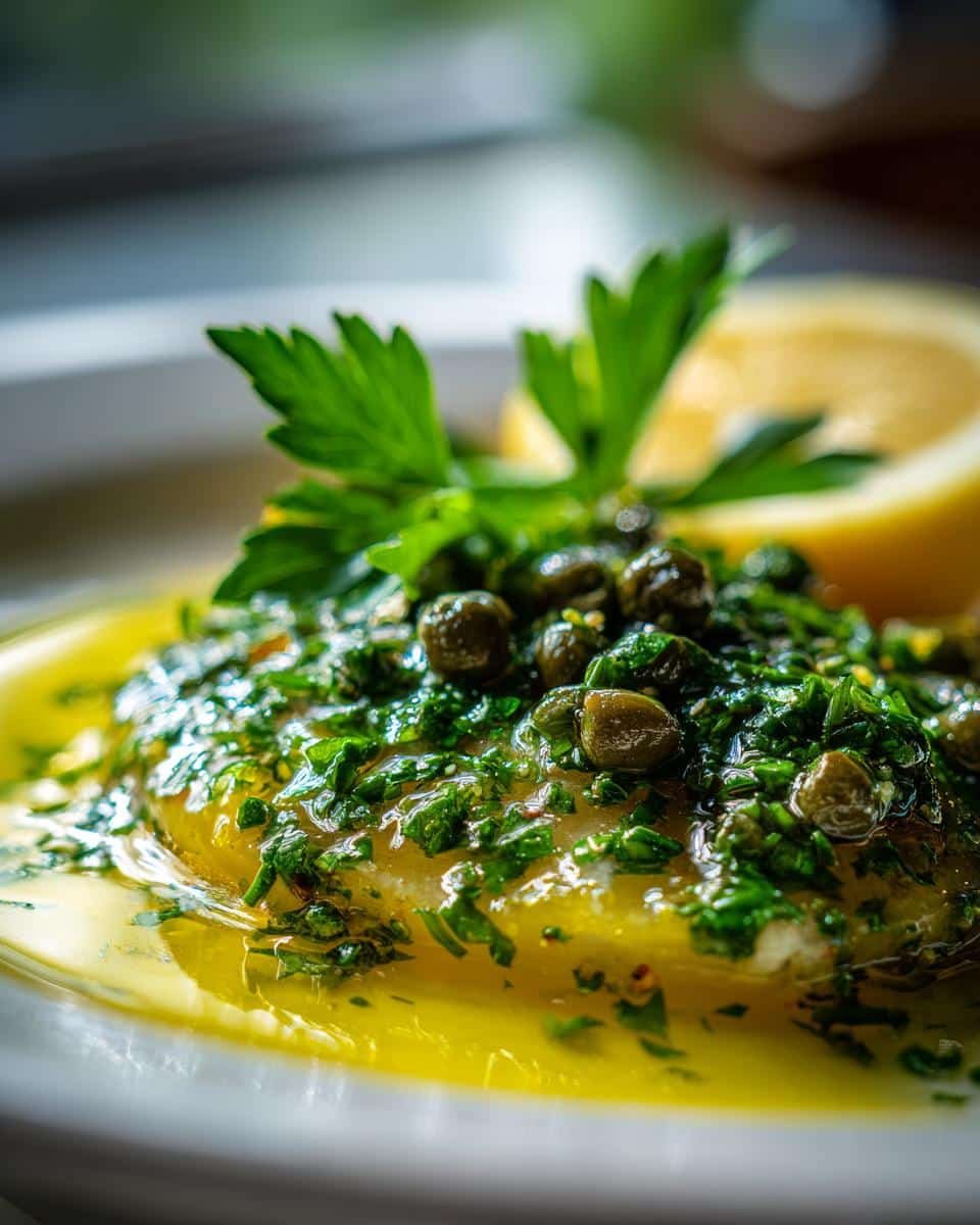 Devastatingly Delicious Lemon Caper Sauce in Just 10 Min 9 Close-up of a dish featuring Lemon Caper Sauce, garnished with parsley and a lemon wedge.
