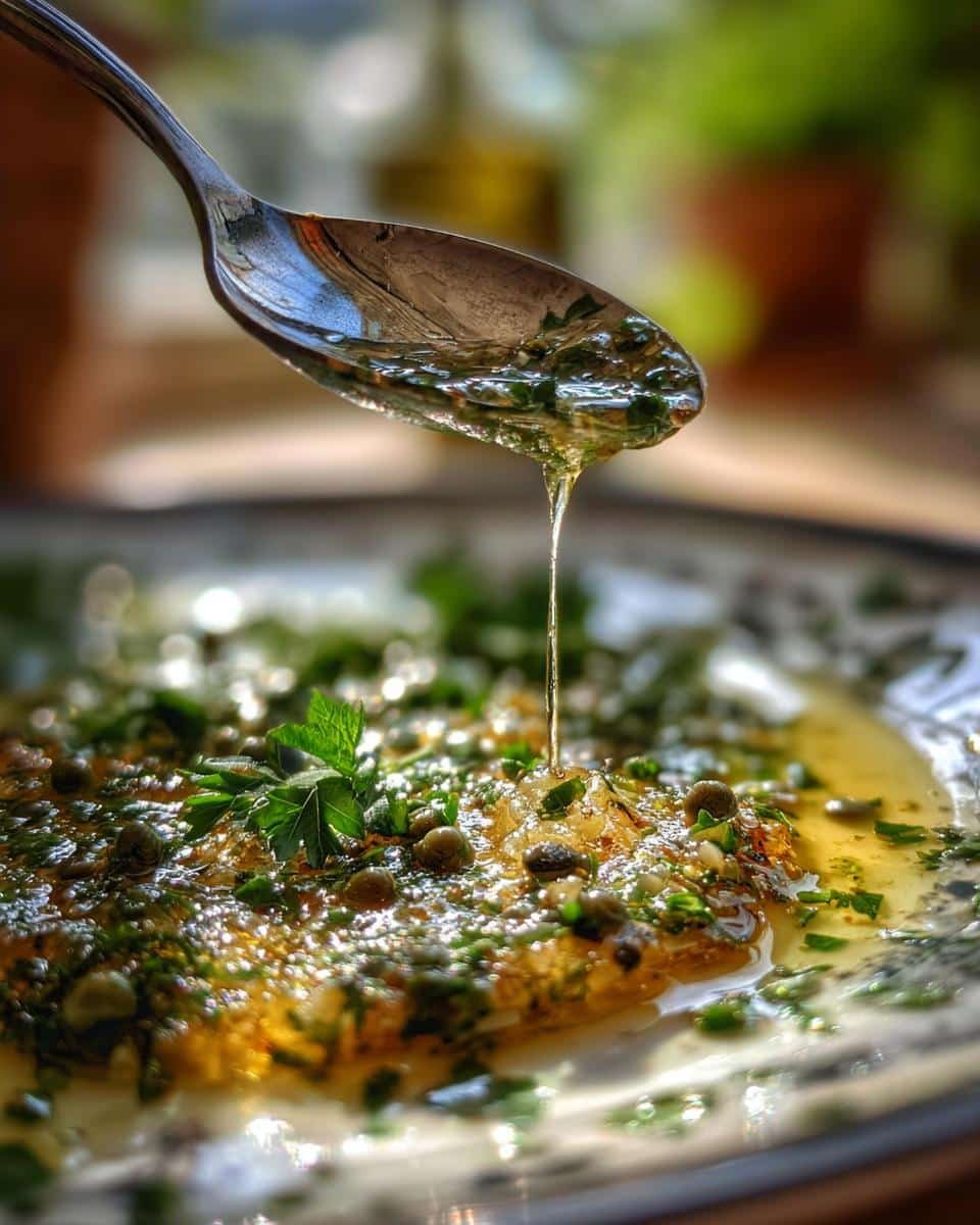 Devastatingly Delicious Lemon Caper Sauce in Just 10 Min 6 Lemon Caper Sauce being drizzled from a spoon onto a dish, showcasing the sauce's texture and ingredients.