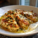 Close-up of Lemon Chicken Romano dish featuring golden-brown chicken in a lemon sauce, garnished with herbs on a white plate.