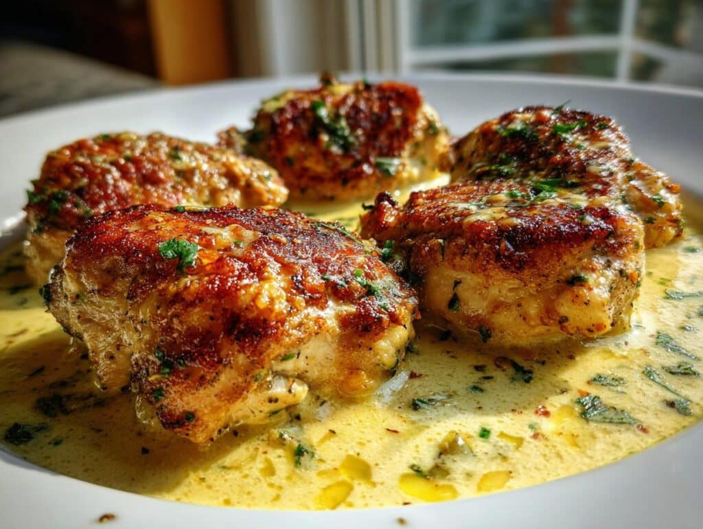 Close-up of Lemon Chicken Romano dish featuring golden-brown chicken in a creamy lemon sauce, garnished with herbs.