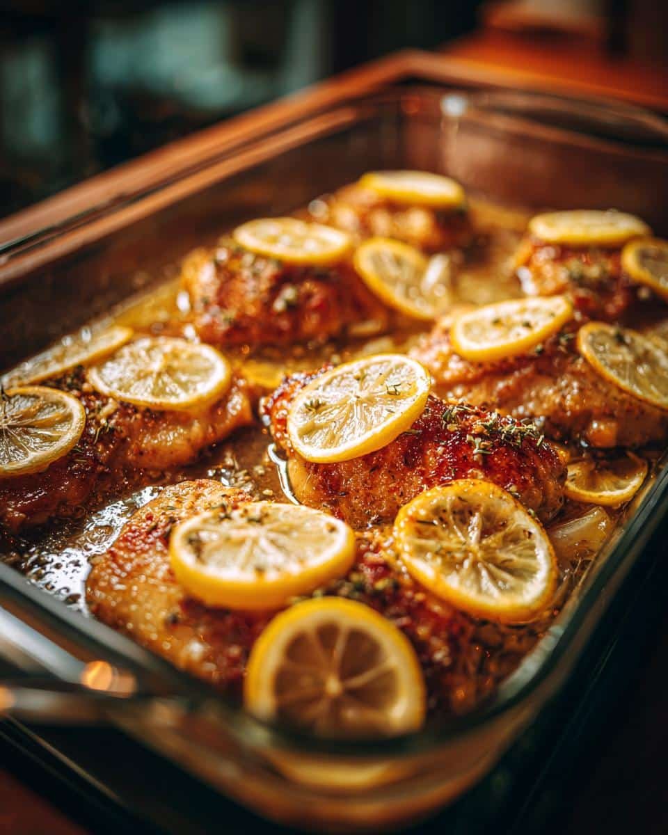 Lemon Garlic Butter Chicken: 30-Minute Unforgettable Dish 8 Lemon Garlic Butter Chicken baked in a glass pan, garnished with lemon slices and herbs.
