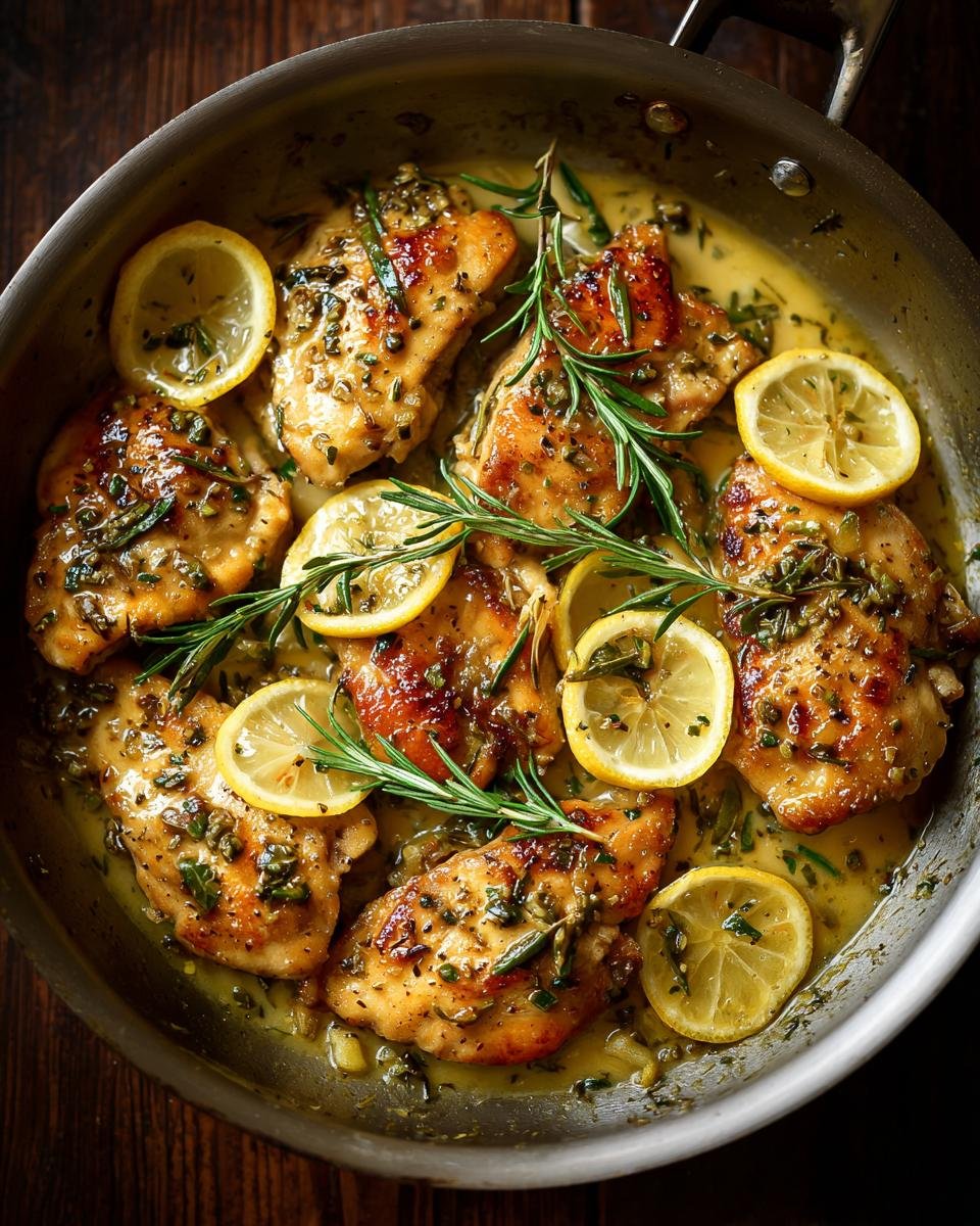 Lemon Garlic Butter Chicken: 30-Minute Unforgettable Dish 6 Overhead shot of Lemon Garlic Butter Chicken in a skillet, garnished with lemon slices and rosemary.