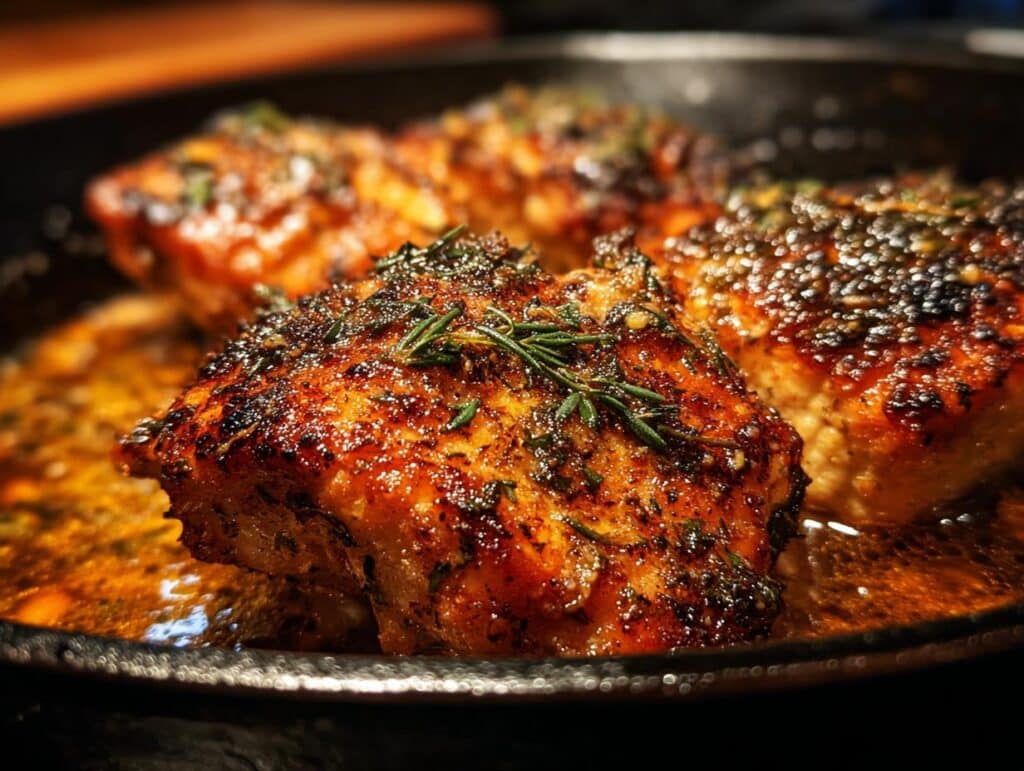 Close-up of Lemon Garlic Butter Chicken pieces in a skillet, garnished with herbs and glistening with sauce.