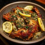 Close-up of Lemon Garlic Butter Chicken on a plate, garnished with lemon slices and herbs.