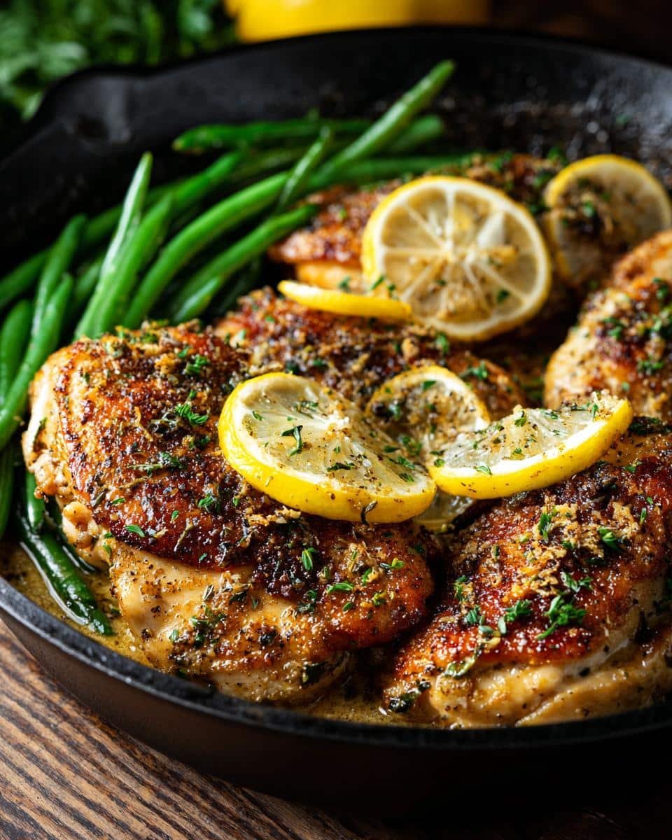 Lemon Garlic Butter Chicken: 30-Minute Unforgettable Dish 7 Close-up of Lemon Garlic Butter Chicken in a skillet with green beans and lemon slices.