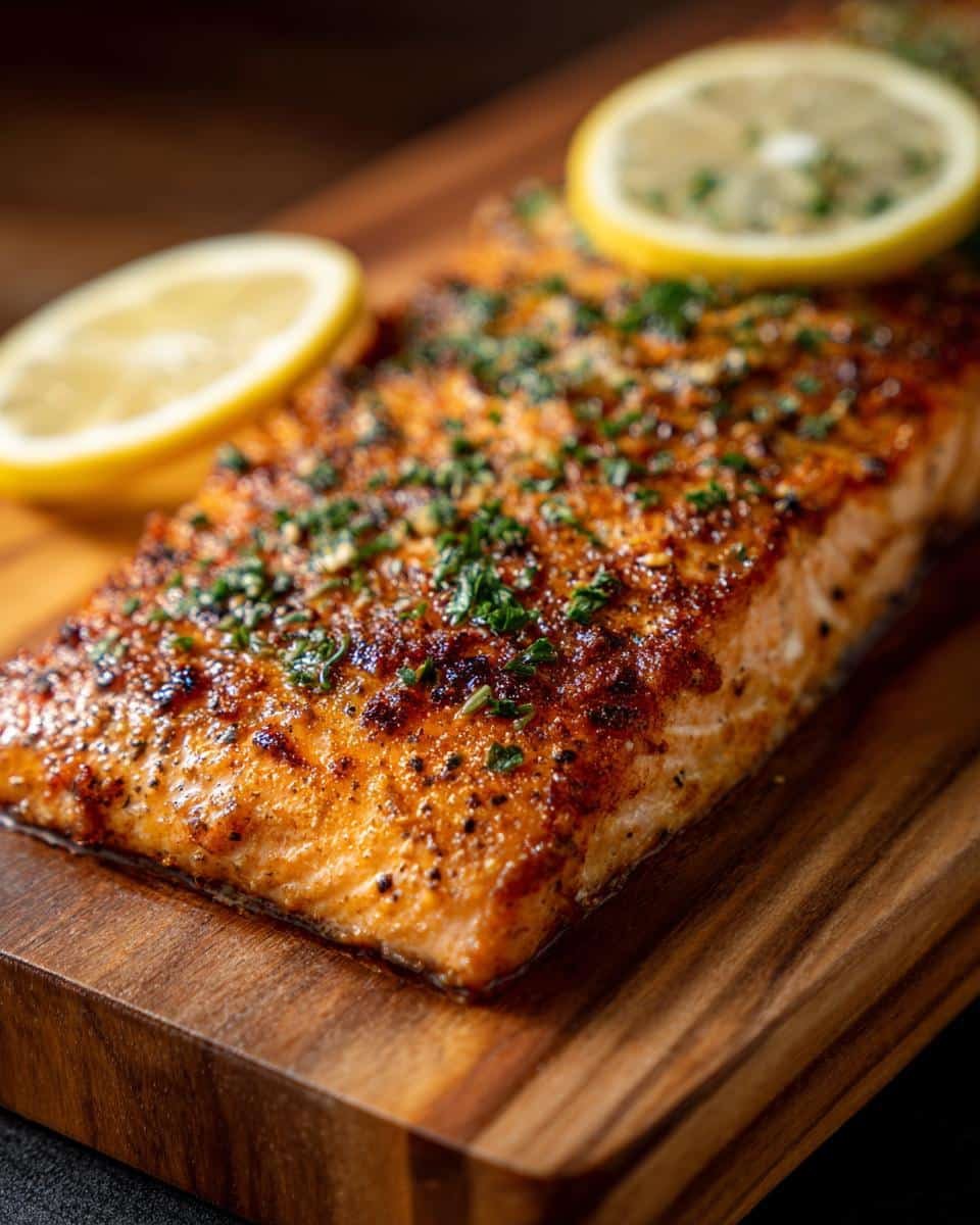 Devour Flavorful Lemon Garlic Salmon in Just 15 Mins 8 Close-up of a perfectly cooked Lemon Garlic Salmon fillet garnished with fresh herbs and lemon slices.