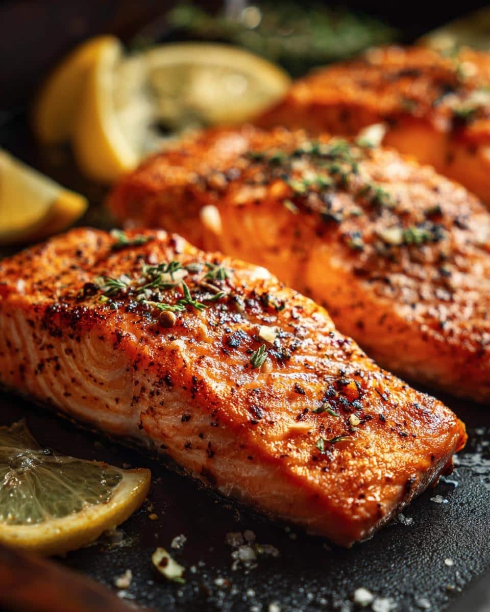 Devour Flavorful Lemon Garlic Salmon in Just 15 Mins 7 Close-up of Lemon Garlic Salmon fillets, seasoned and garnished with herbs and lemon wedges.