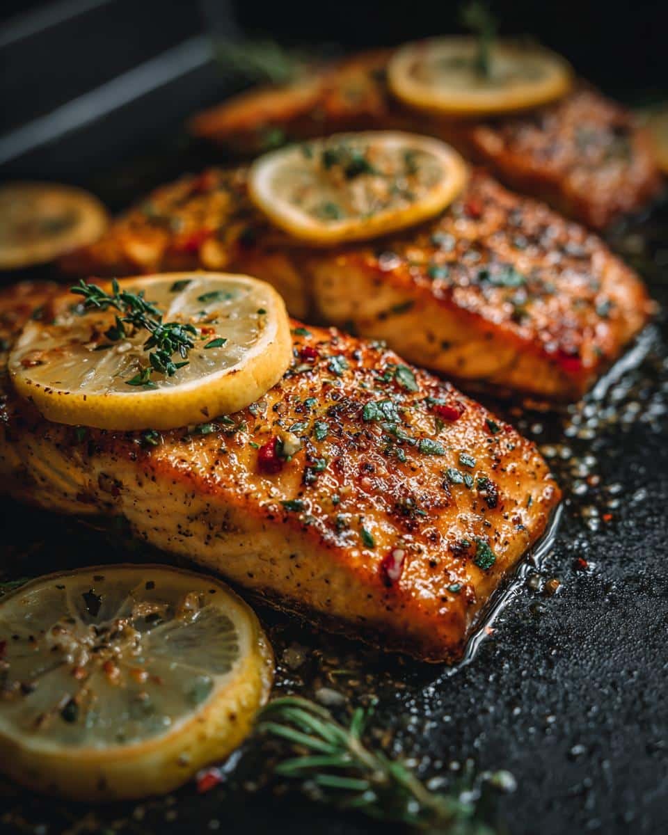 Devour Flavorful Lemon Garlic Salmon in Just 15 Mins 9 Close-up of Lemon Garlic Salmon fillets, garnished with lemon slices and herbs.