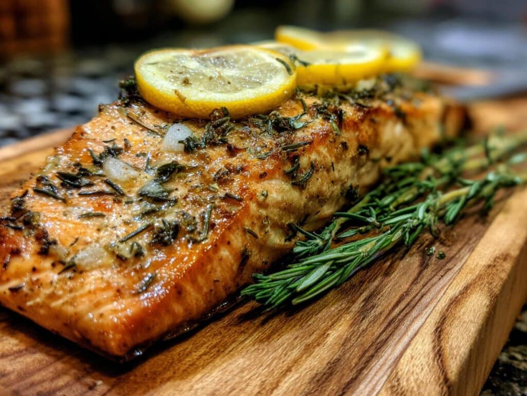 A perfectly cooked Lemon Garlic Salmon fillet garnished with lemon slices and rosemary on a wooden board.