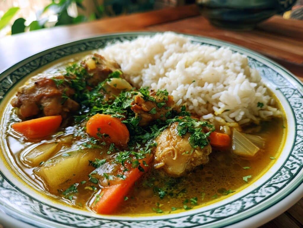 A bowl of Lemon Ginger Turmeric Chicken and Rice Soup with chicken, rice, carrots, and herbs.