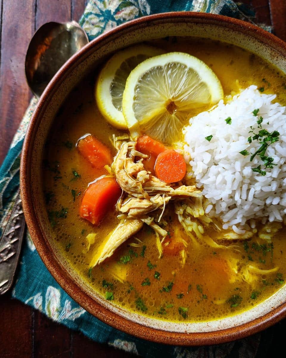 Lemon Ginger Turmeric Chicken and Rice Soup: 1 Pot Relief 6 Overhead view of Lemon Ginger Turmeric Chicken and Rice Soup in a bowl, garnished with lemon slices and parsley.