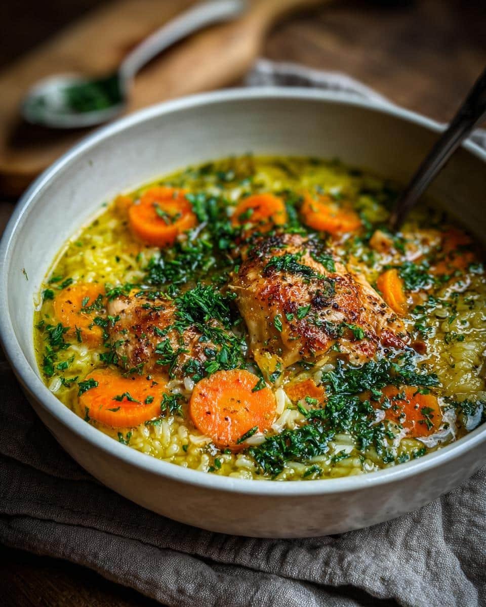Lemon Ginger Turmeric Chicken and Rice Soup: 1 Pot Relief 7 Bowl of Lemon Ginger Turmeric Chicken and Rice Soup with carrots and herbs.