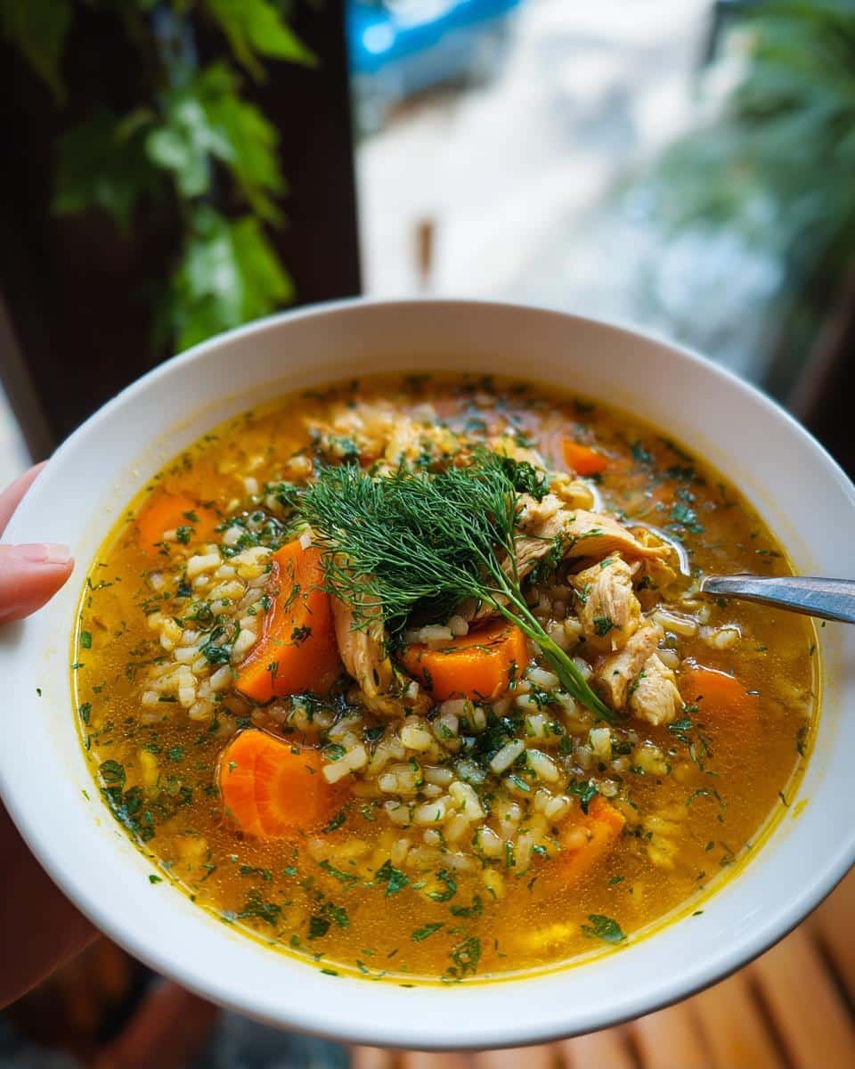 Lemon Ginger Turmeric Chicken and Rice Soup: 1 Pot Relief 8 A bowl of Lemon Ginger Turmeric Chicken and Rice Soup with carrots and dill.