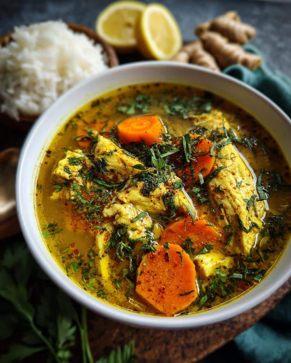 Lemon Ginger Turmeric Chicken and Rice Soup: 1 Pot Relief 9 Bowl of Lemon Ginger Turmeric Chicken and Rice Soup with carrots and fresh herbs.
