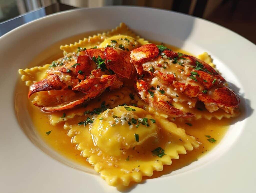 A plate of Lobster Ravioli with Lemon Butter Sauce, garnished with parsley and featuring lobster claw meat.