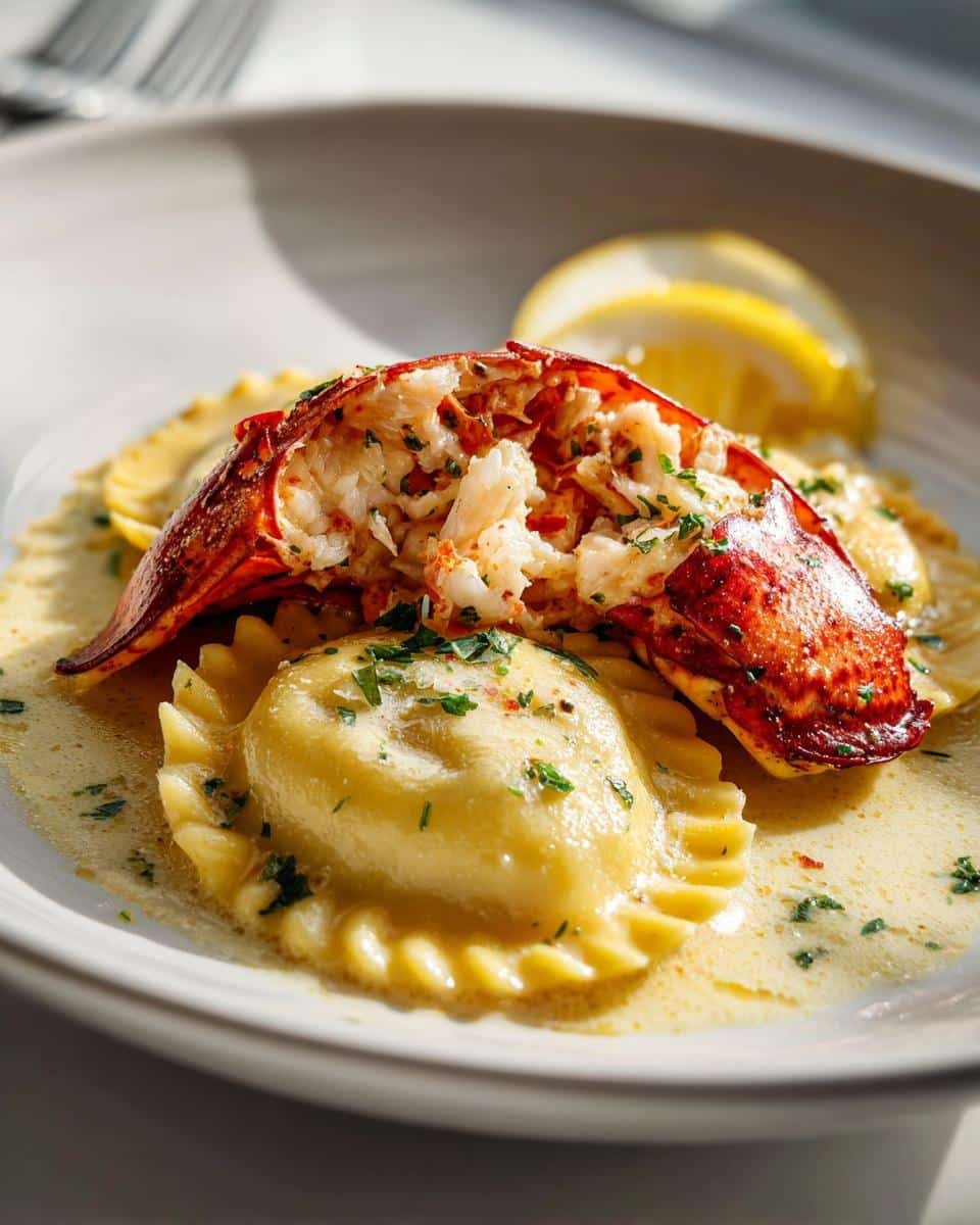 Lobster Ravioli: 15 Minute Divine Dish 7 Close-up of Lobster Ravioli with Lemon Butter Sauce, garnished with fresh herbs and a lemon wedge.