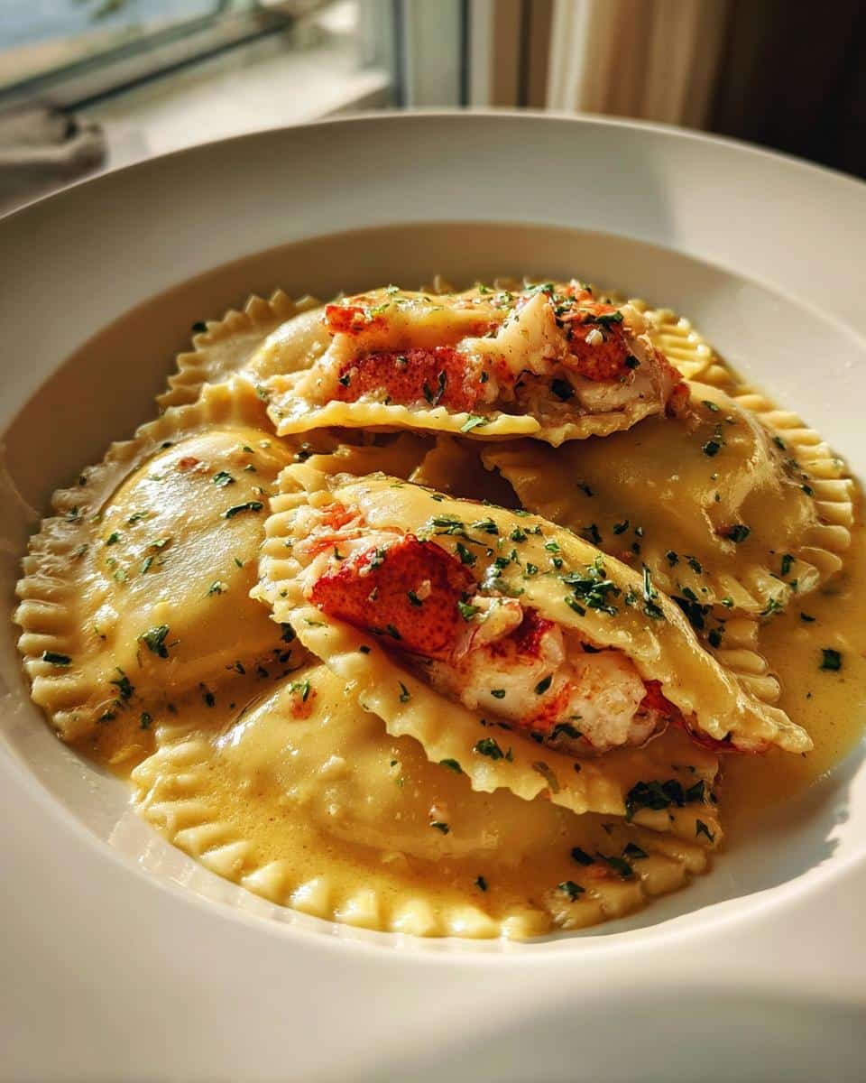 Lobster Ravioli: 15 Minute Divine Dish 8 Close-up of Lobster Ravioli in Lemon Butter Sauce, garnished with fresh herbs, served on a white plate.