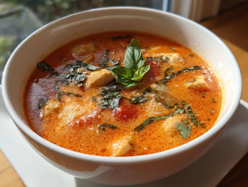 A bowl of creamy Marry Me Chicken Soup, garnished with fresh basil, ready to be served.