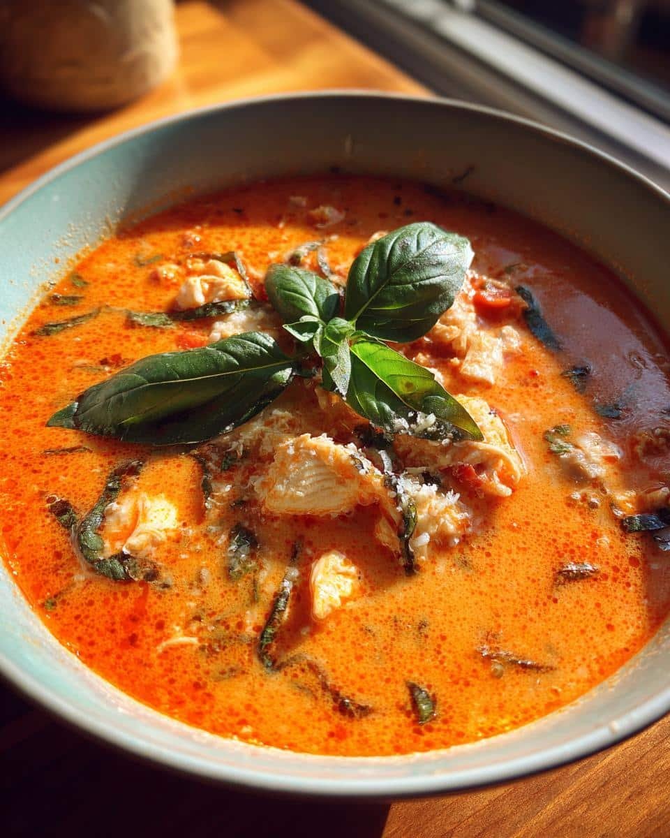 Irresistible Marry Me Chicken Soup Recipe Under 60 Minutes 6 Close-up of creamy Marry Me Chicken Soup in a bowl, garnished with basil and parmesan cheese.