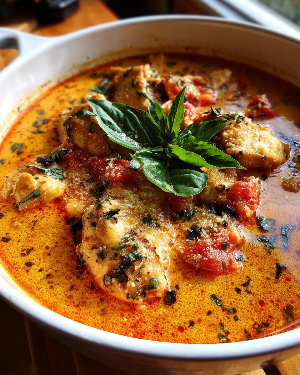 Irresistible Marry Me Chicken Soup Recipe Under 60 Minutes 7 Bowl of creamy Marry Me Chicken Soup with chicken, tomatoes, herbs, and basil garnish.