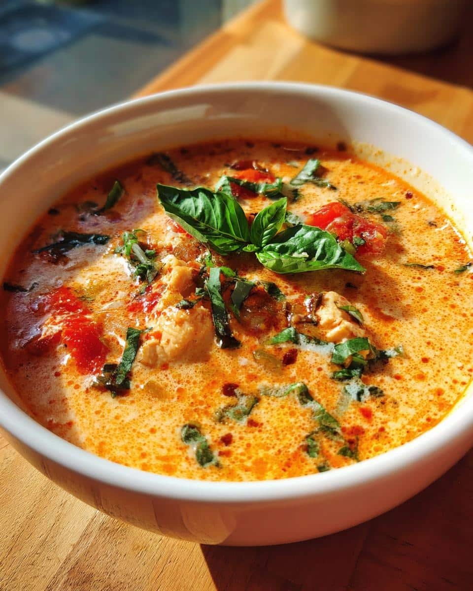 Irresistible Marry Me Chicken Soup Recipe Under 60 Minutes 9 A bowl of creamy Marry Me Chicken Soup, garnished with fresh basil and diced tomatoes.