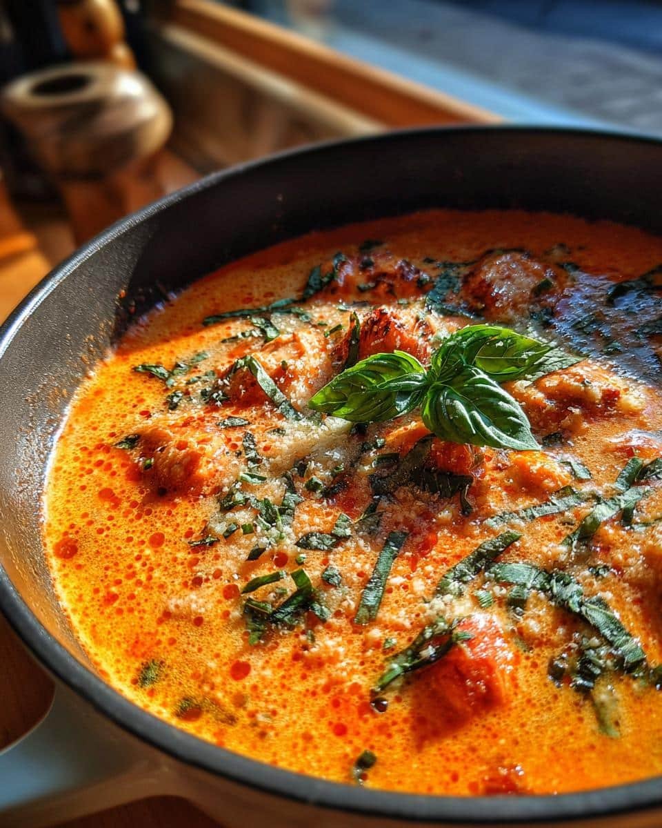 Irresistible Marry Me Chicken Soup Recipe Under 60 Minutes 8 Close up of Marry Me Chicken Soup in a pan, garnished with fresh basil and parmesan cheese.