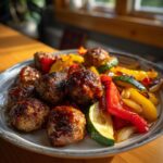 Plate of glazed meatballs with roasted red and yellow peppers and zucchini.
