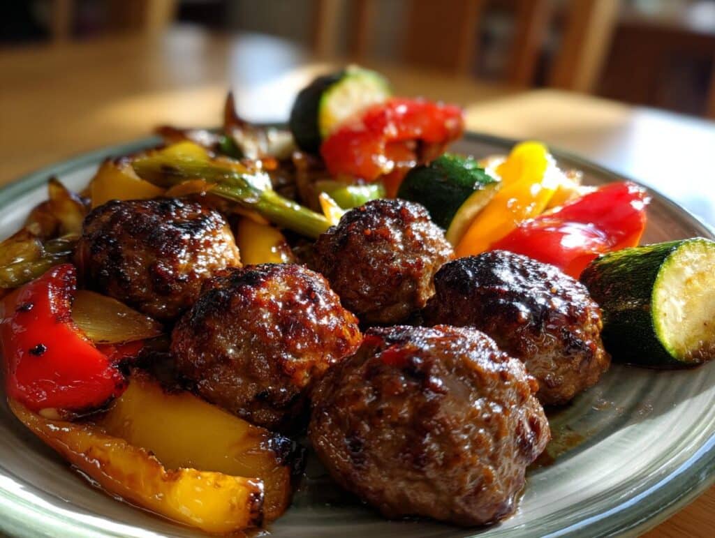Plate of meatballs with roasted red and yellow bell peppers, zucchini, and green onions.