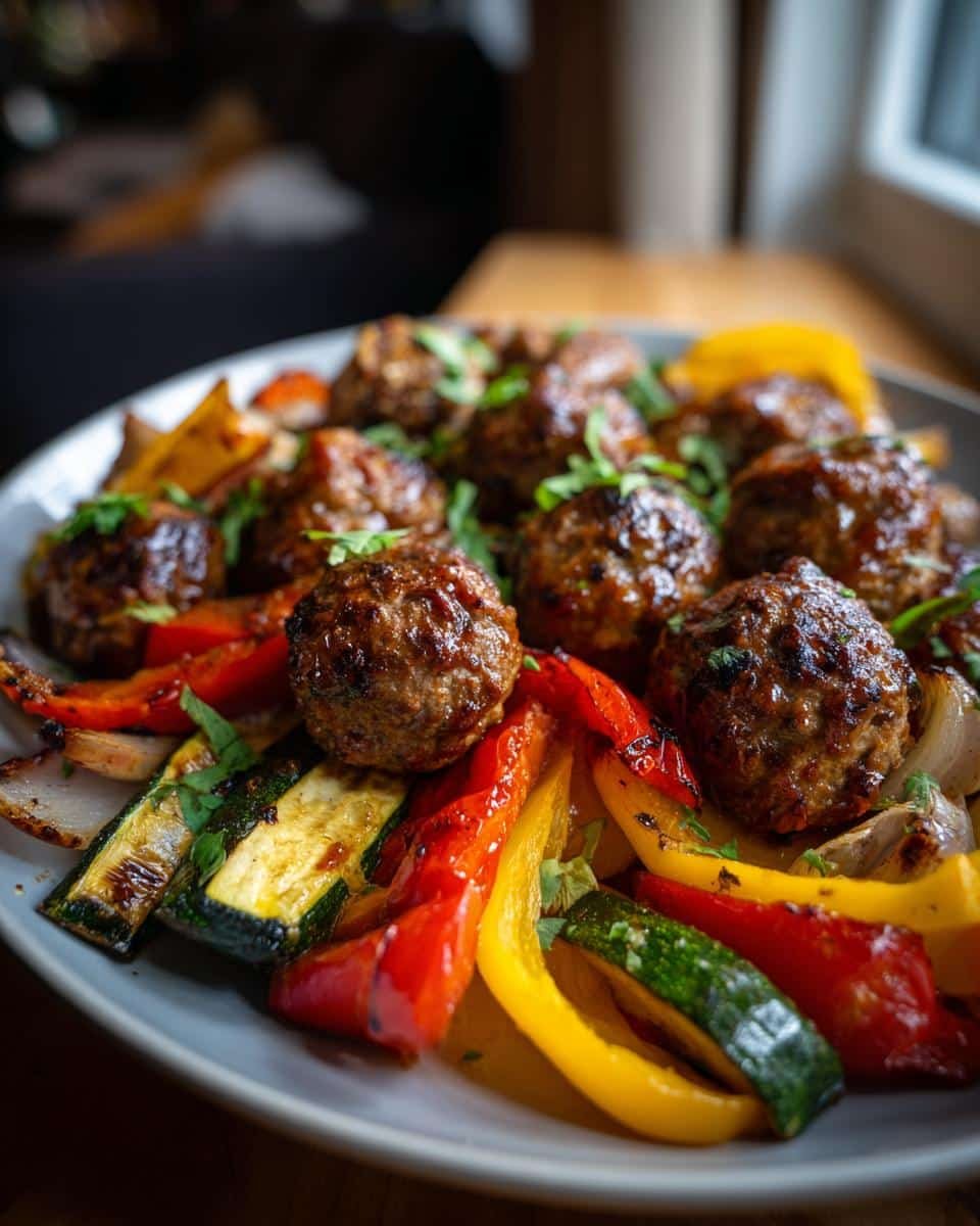 Fail-Proof Moist Strawberry Lemon Cake Recipe Revealed 9 A plate of meatballs served with roasted red and yellow bell peppers and zucchini.