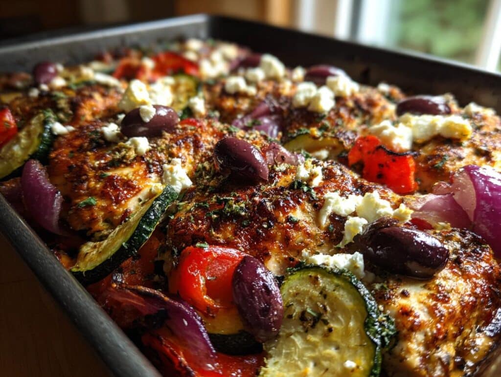 Mediterranean Chicken Zucchini Bake with feta cheese, olives, red peppers, and red onions in a baking pan.