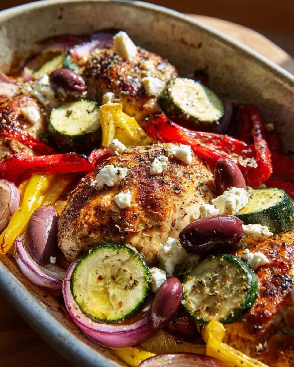 Mediterranean Chicken Zucchini Bake: Ditch 1 Unhealthy Meal 6 Close-up of Mediterranean Chicken Zucchini Bake with feta, olives, peppers, and red onion.