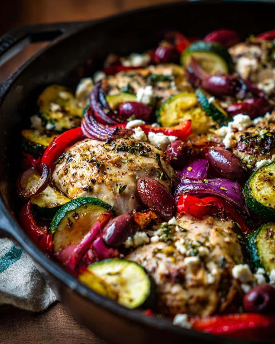 Mediterranean Chicken Zucchini Bake: Ditch 1 Unhealthy Meal 9 Close-up of Mediterranean Chicken Zucchini Bake in a cast iron skillet with chicken, zucchini, peppers, onions, olives, and feta.