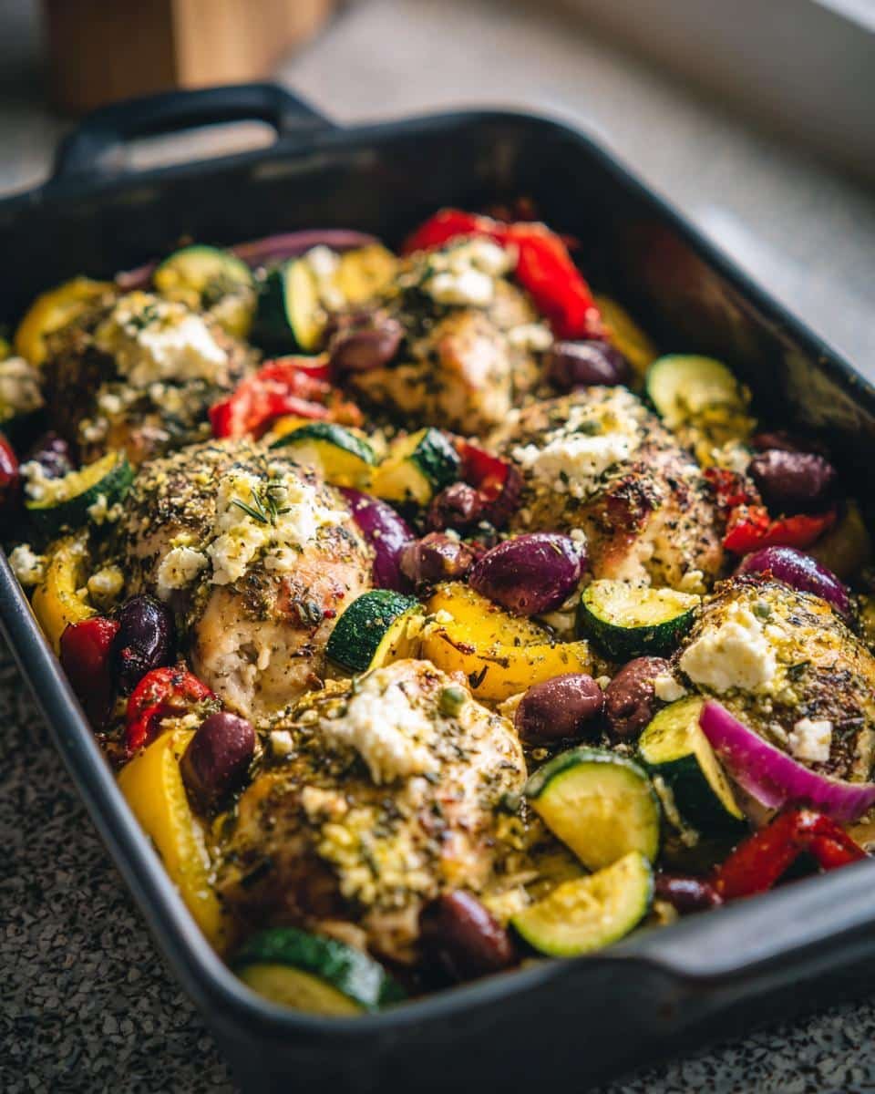 Mediterranean Chicken Zucchini Bake: Ditch 1 Unhealthy Meal 8 Mediterranean Chicken Zucchini Bake in a baking pan, featuring chicken, zucchini, peppers, olives, and feta cheese.