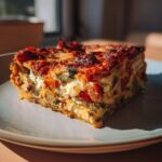 A delicious slice of Mediterranean Vegetable Lasagna with visible layers of vegetables and cheese on a plate.