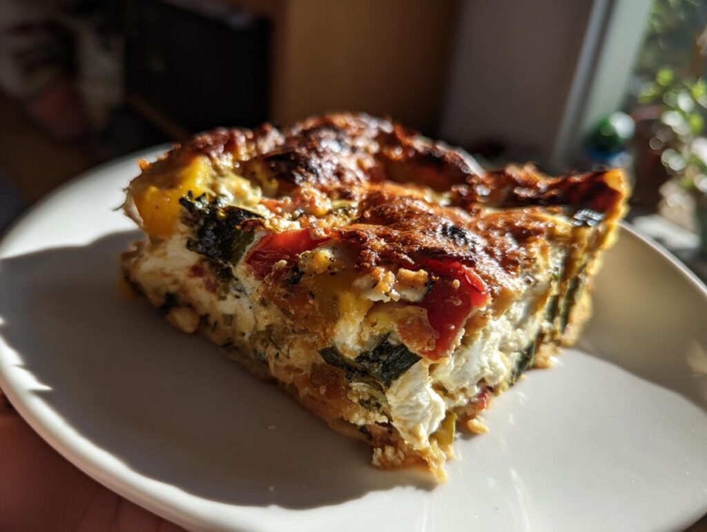 A slice of Mediterranean Vegetable Lasagna with visible layers of vegetables and cheese on a white plate.