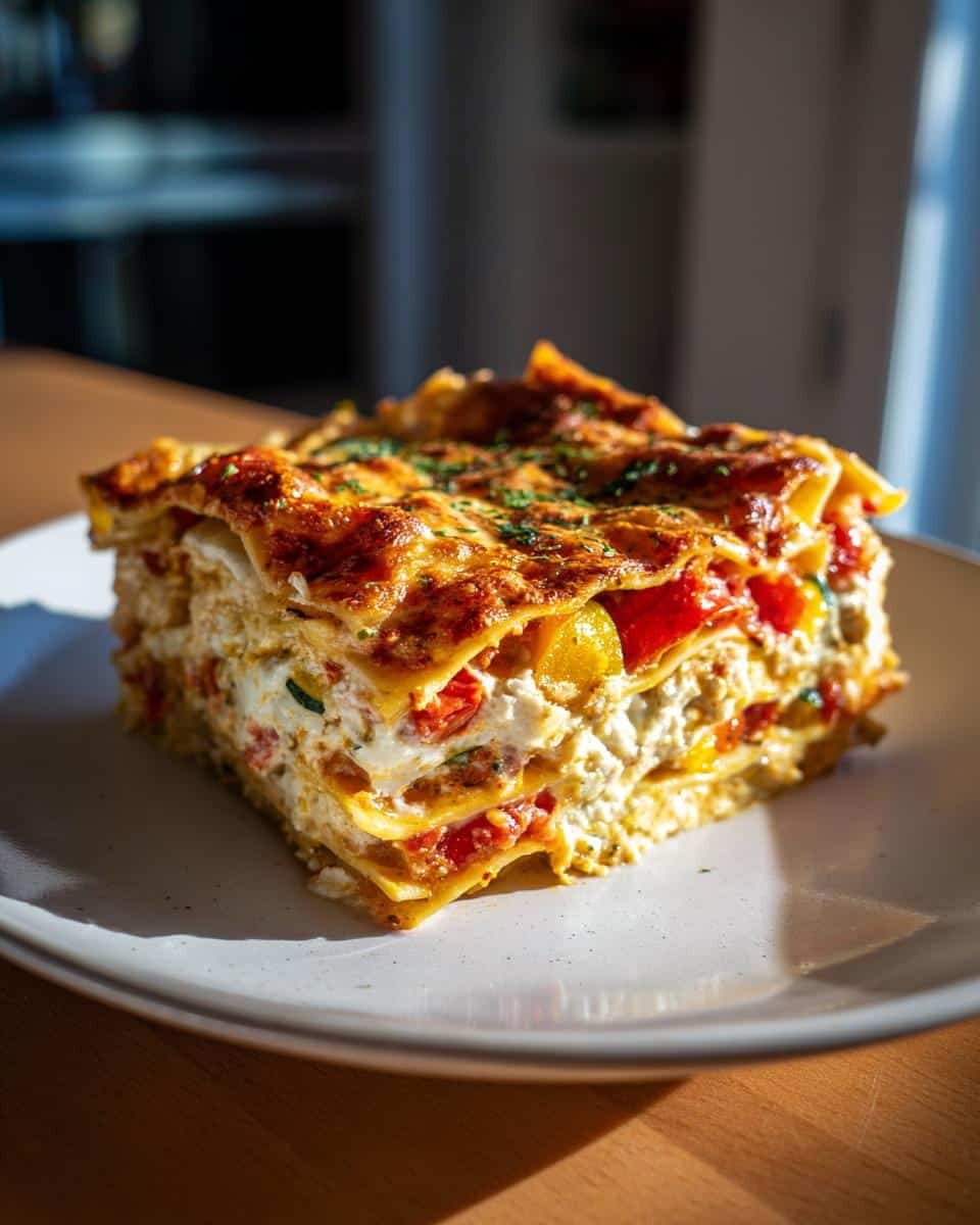 Mediterranean Vegetable Lasagna: Ditch Meat, Keep Flavor 7 A delicious slice of Mediterranean Vegetable Lasagna with layers of pasta, vegetables, and cheese.
