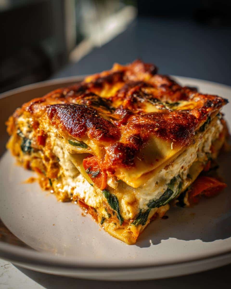 Mediterranean Vegetable Lasagna: Ditch Meat, Keep Flavor 8 A slice of Mediterranean Vegetable Lasagna with layers of pasta, vegetables, cheese, and a golden-brown top.