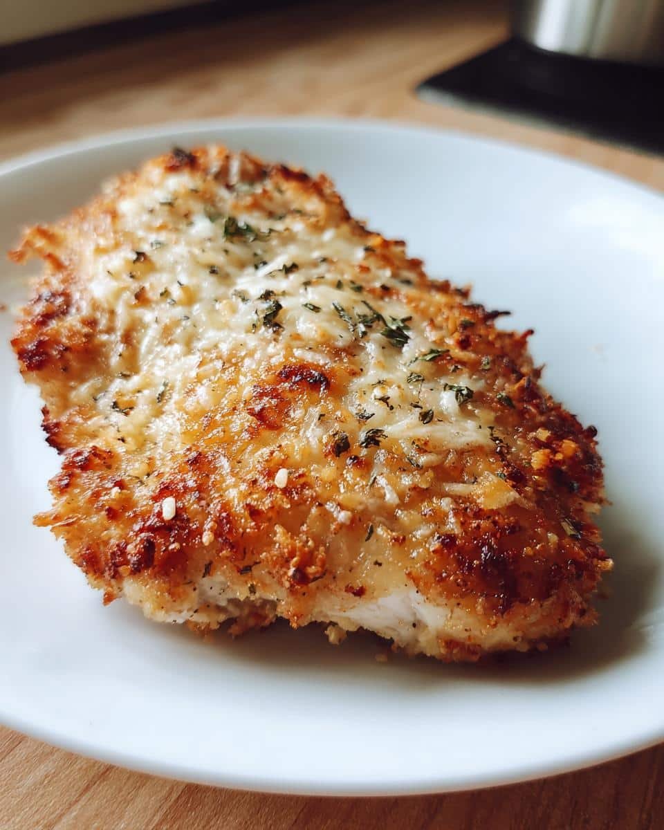 Melt in Your Mouth Chicken: 4 Ingredients, Zero Guilt 9 A single serving of Melt in Your Mouth Chicken, golden brown and topped with cheese and herbs, on a white plate.