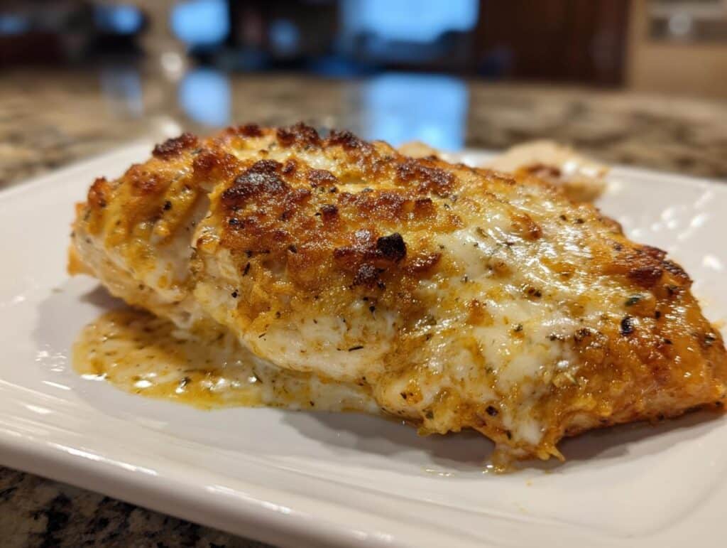 A serving of Melt in Your Mouth Chicken on a white plate, showcasing its golden-brown crust and cheesy topping.