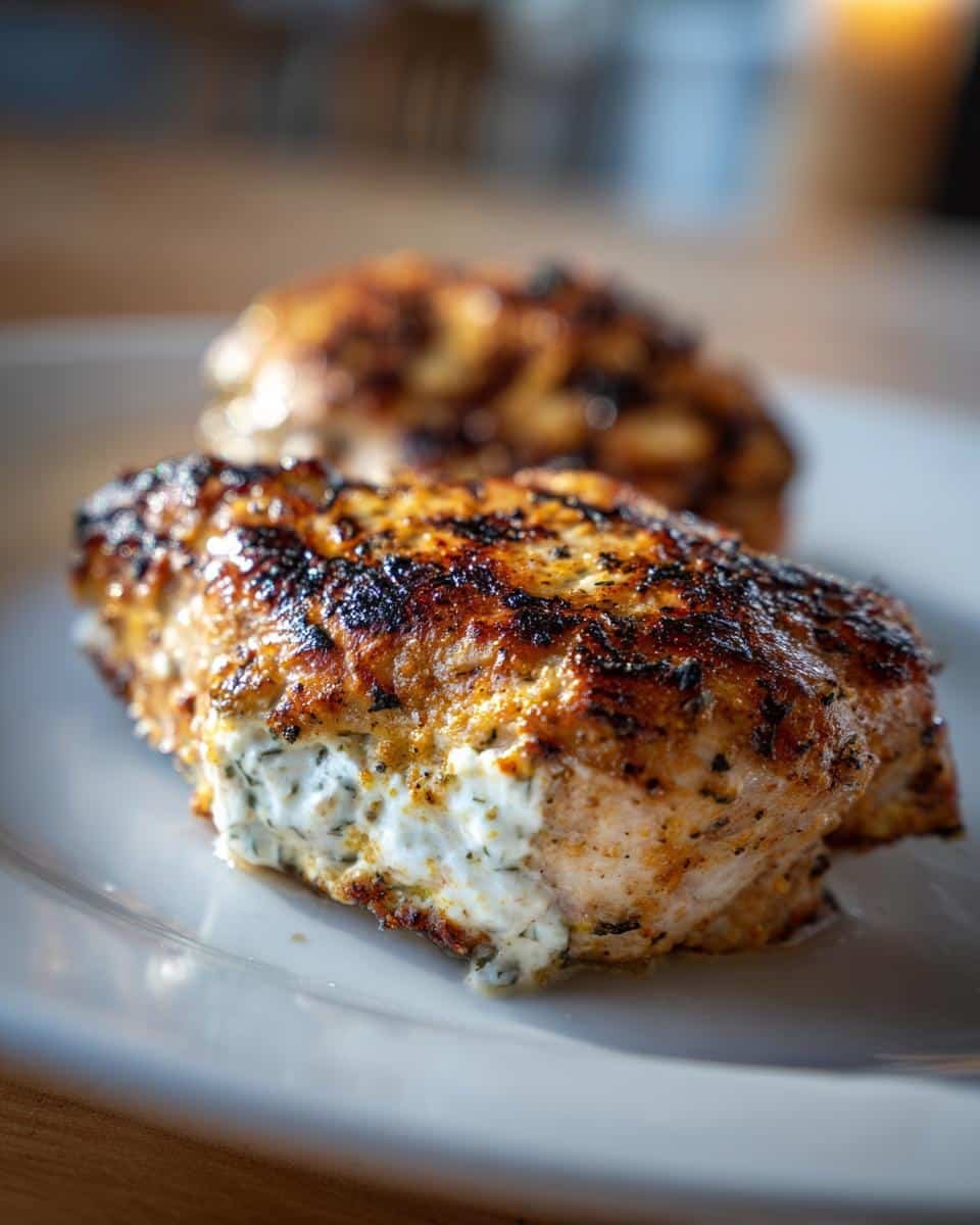 Melt in Your Mouth Chicken: 4 Ingredients, Zero Guilt 8 Two pieces of Melt in Your Mouth Chicken on a white plate, showing the creamy filling.