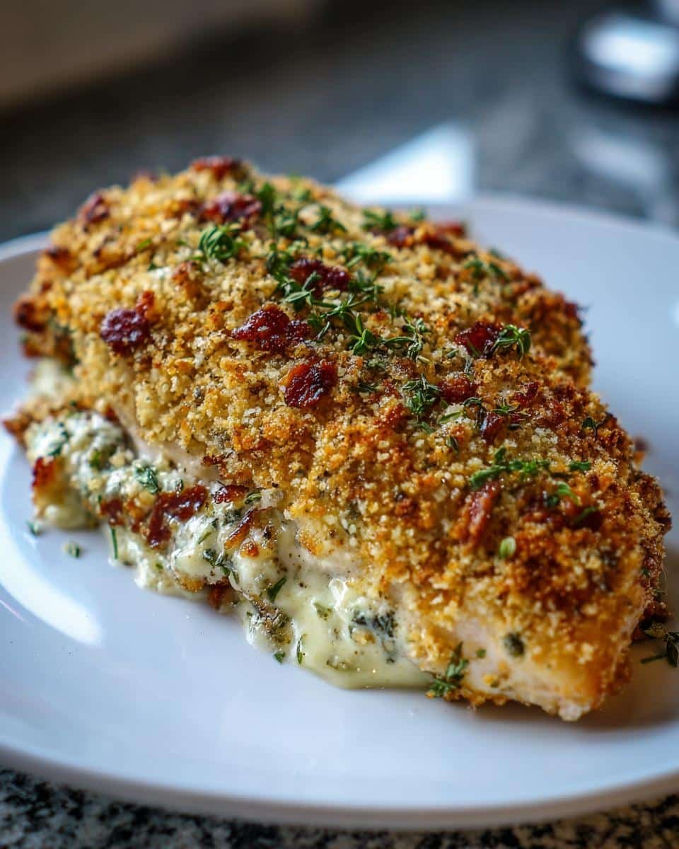 Melt in Your Mouth Chicken: 4 Ingredients, Zero Guilt 6 Close-up of Melt in Your Mouth Chicken breast with a crispy topping, cheese, and herb filling.