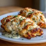 Two pieces of Melt in Your Mouth Chicken on a white plate, topped with a creamy sauce and herbs.