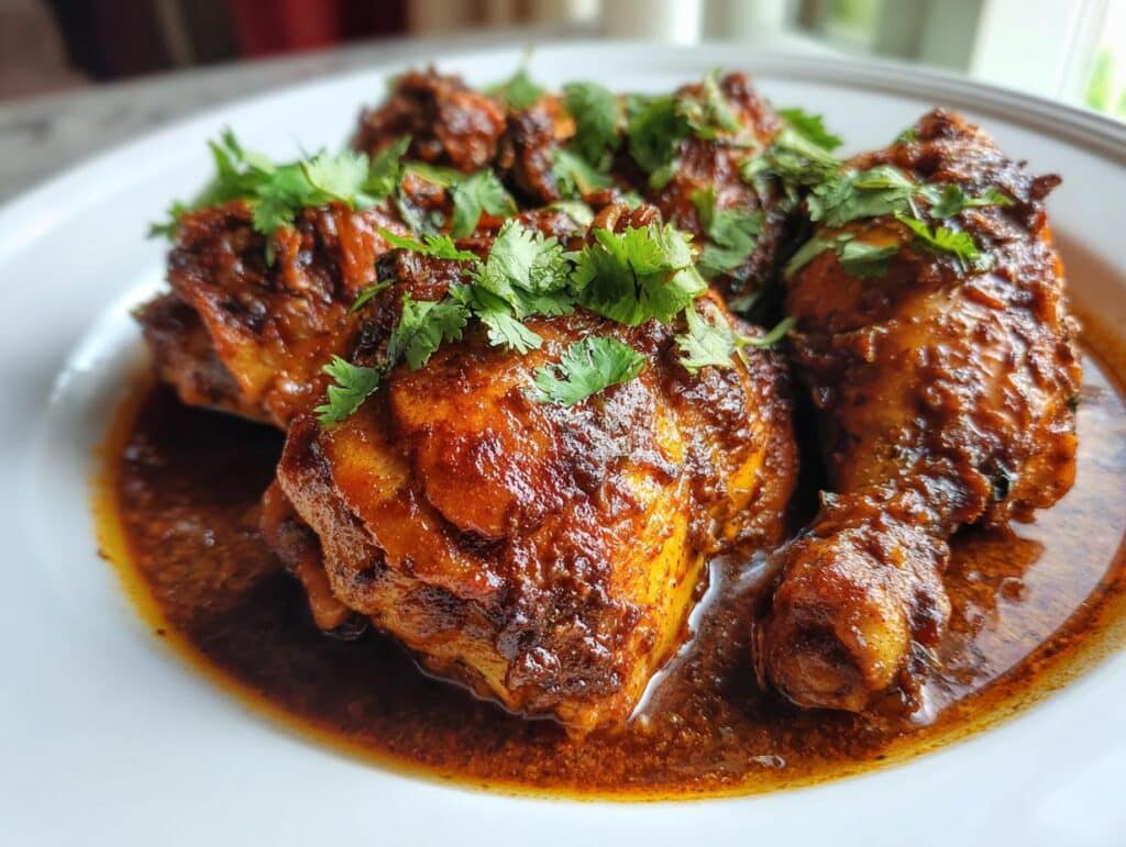 Close-up of flavorful Mexican Chicken Adobo garnished with fresh cilantro on a white plate.