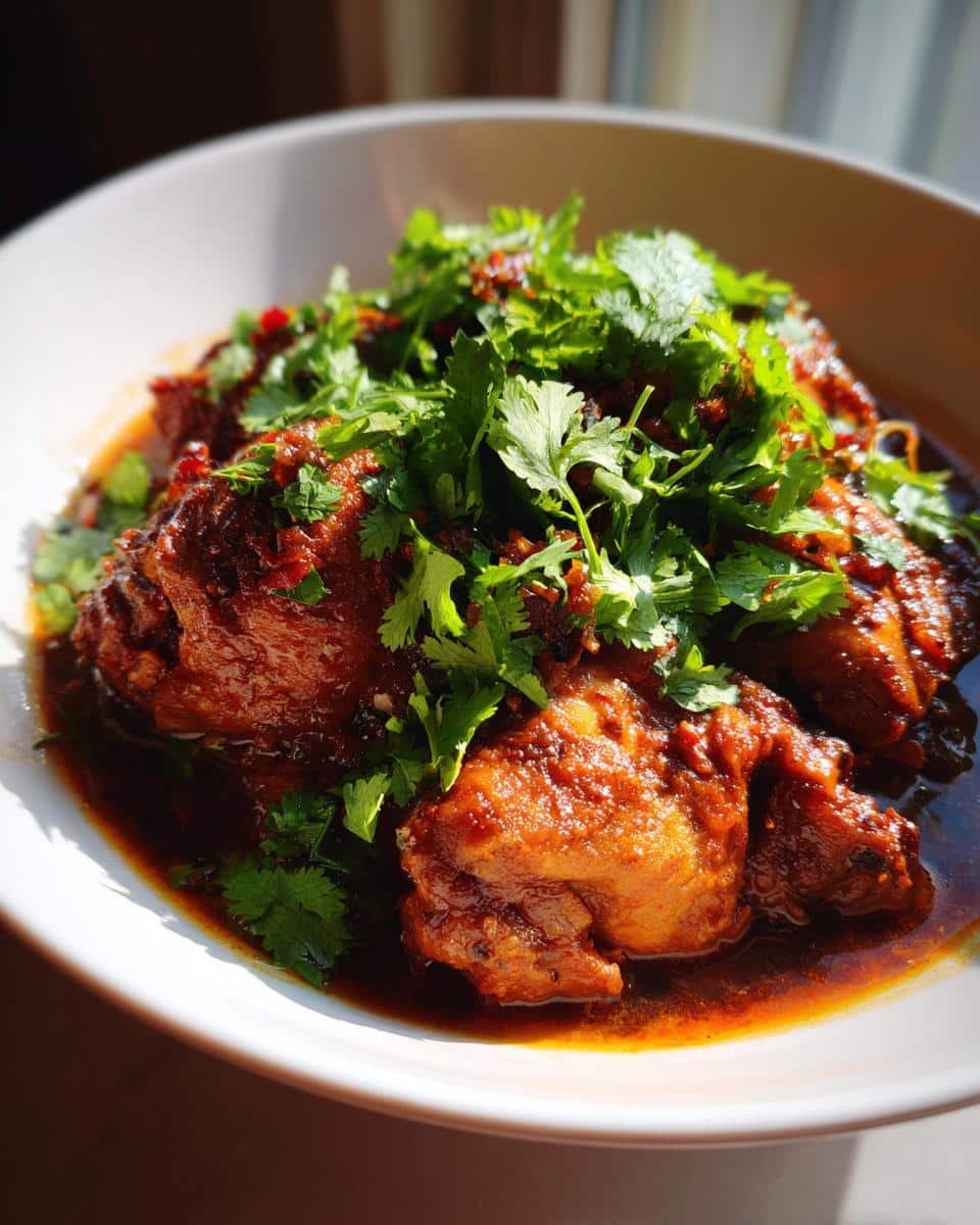Mexican Chicken Adobo: 7 Heaven Ingredients 6 Close-up of Mexican Chicken Adobo in a bowl, garnished with fresh cilantro.