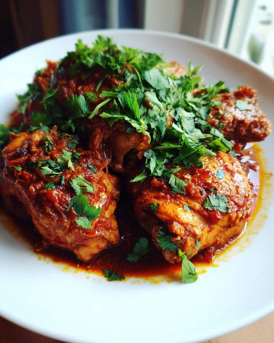 Mexican Chicken Adobo: 7 Heaven Ingredients 8 Close-up of flavorful Mexican Chicken Adobo on a white plate, garnished with fresh cilantro.