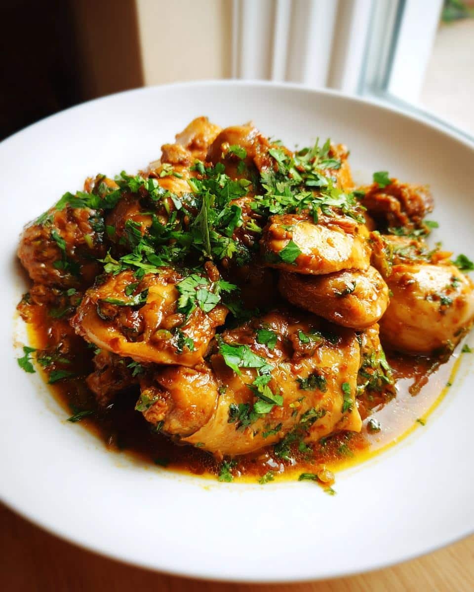 Mexican Chicken Adobo: 7 Heaven Ingredients 7 A serving of flavorful Mexican Chicken Adobo, garnished with fresh cilantro, on a white plate.