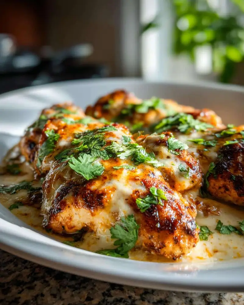 Disgustingly Easy Mexican Chicken Cheese, 35 Minutes 6 Close-up of Mexican chicken cheese recipe, featuring chicken topped with melted cheese and cilantro.