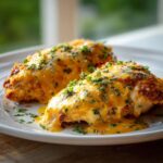 Two pieces of Mexican Chicken with Cheese Sauce, garnished with herbs, served on a white plate.