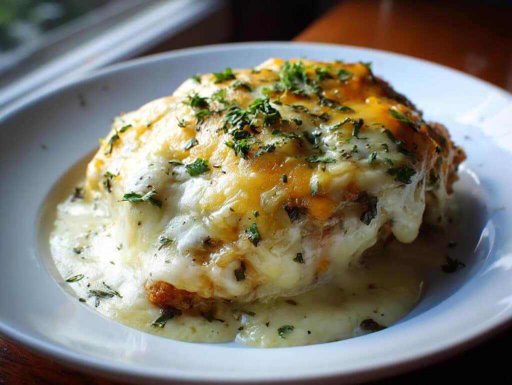 Delicious Mexican Chicken with Cheese Sauce, garnished with parsley, served on a white plate.