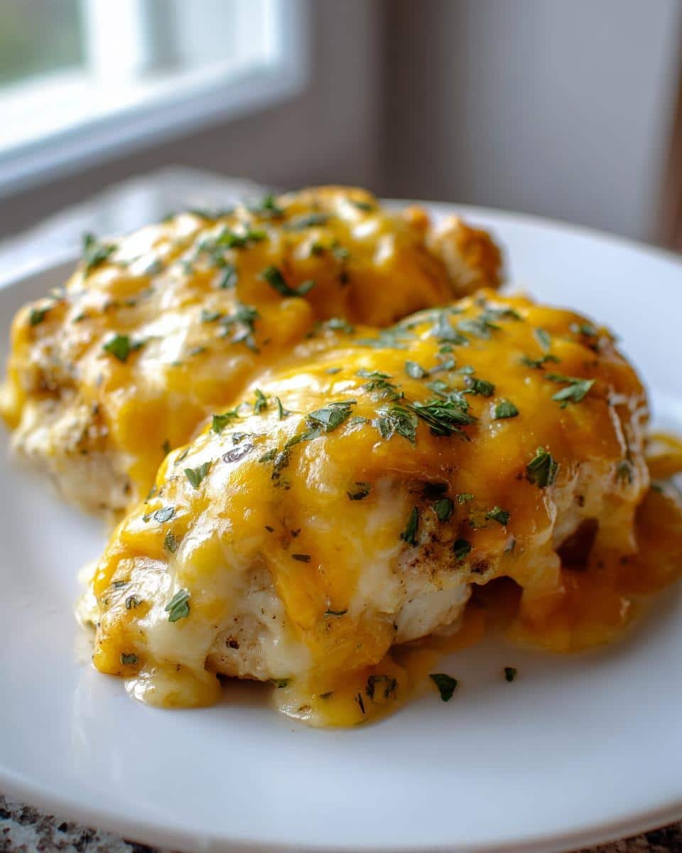 Mexican Chicken with Cheese Sauce: 40-Minute Comfort 7 Two pieces of Mexican Chicken with Cheese Sauce on a white plate, garnished with parsley.